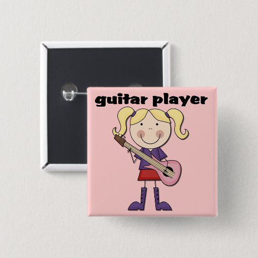 ギター奏者の女性のTシャツおよびギフト 缶バッジ (正面&裏面)