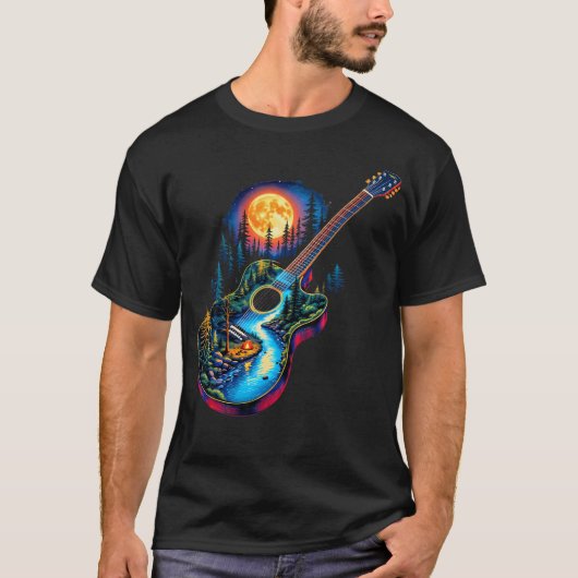 ギター湖の幻想 森の松の木 月のキャンプ Tシャツ (正面)