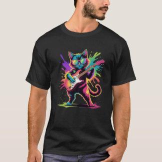 ギター猫ポスター スタイルカラフル ペイントスプラッター アート Tシャツ
