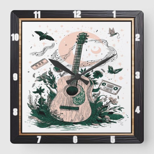 ギター蝶ヴィンテージカセット スクエア壁時計 (正面)