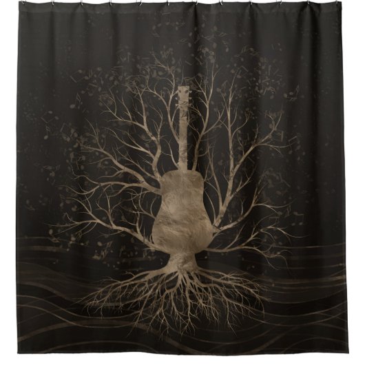 ギター音楽木-金ゴールドおよび茶色 シャワーカーテン (正面)