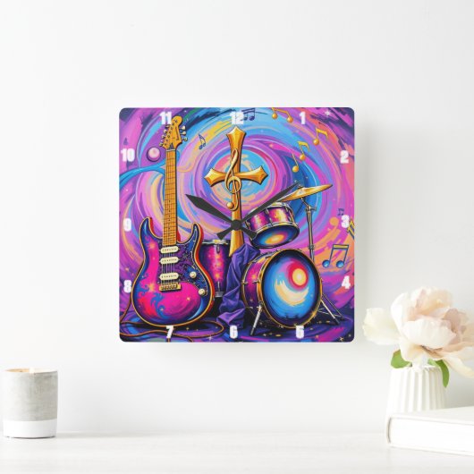 ギター音楽礼拝クロスアート スクエア壁時計 (ホーム)