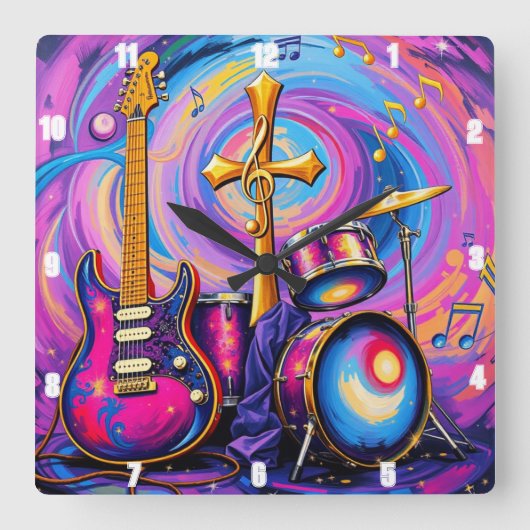 ギター音楽礼拝クロスアート スクエア壁時計 (正面)