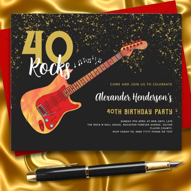 ギター40th誕生日パーティー金ゴールドグリッター予算 (Electric Guitar 40th birthday party black and gold glitter 40 rocks budget invitation)