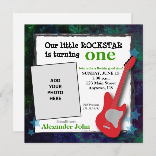 ギター&スターズボーイズロックスター誕生日 招待状 (正面/裏面)