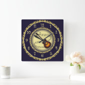ギター~ミュージカルスクロール~金ゴールド/ネイビーブルー~ スクエア壁時計 (ホーム)