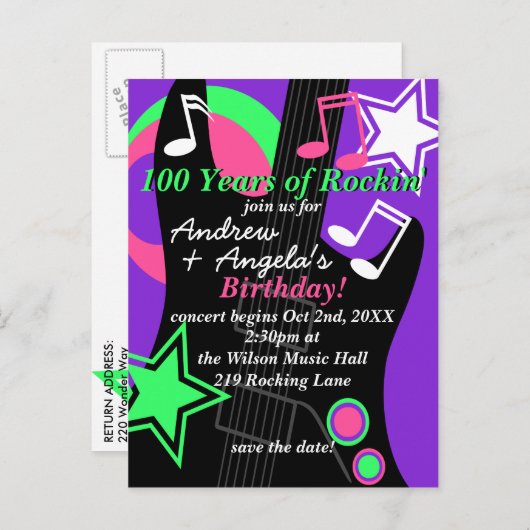 ギター：ロックスター誕生日招待状葉書 インビテーションポストカード (正面/裏面)