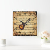 ギター～ヴィンテージシーツ音楽の背景ユニーク～ スクエア壁時計 (ホーム)