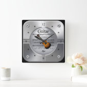 ギター~楽譜~ブラッシュシルバーカラー~ スクエア壁時計 (ホーム)