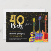 ギター 40歳の誕生日パーティー ブラックとゴールドのグリッター 招待状 (正面)
