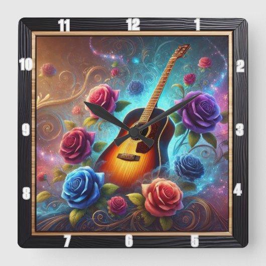 ギタ鮮やかーに囲まれたカラフルバラ スクエア壁時計 (正面)
