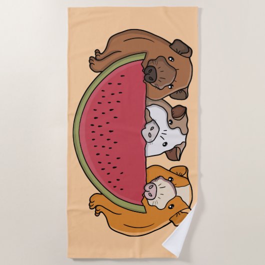 ギニアよくはしゃぐ豚とスイカイラストレーション ビーチタオル (正面)