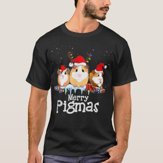 ギニアピッグクリスマスライトサンタハットクリスマス Tシャツ (正面)