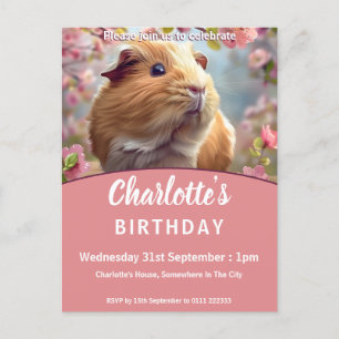 ギニアピッグ&さくらんぼブロッサムバースデーパーティー インビテーションポストカード
