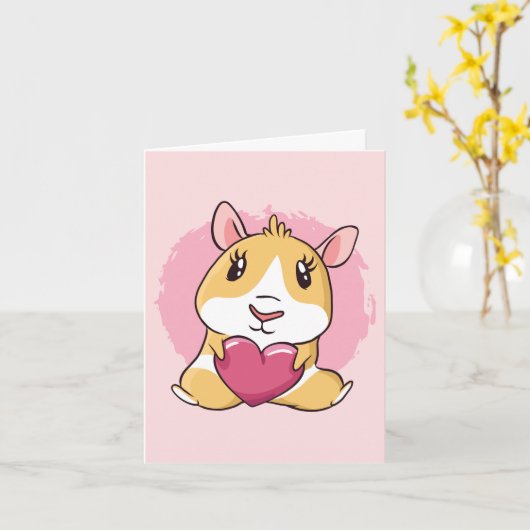 ギニア豚とピンクのハートバレンタインデー カード (黄色い花)