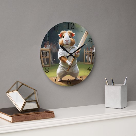 ギニア豚クリケット帽：白い服を着た ラージ壁時計 (オフィス)