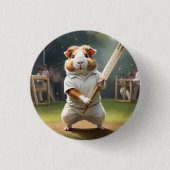 ギニア豚クリケット帽：白い服を着た 缶バッジ (正面)