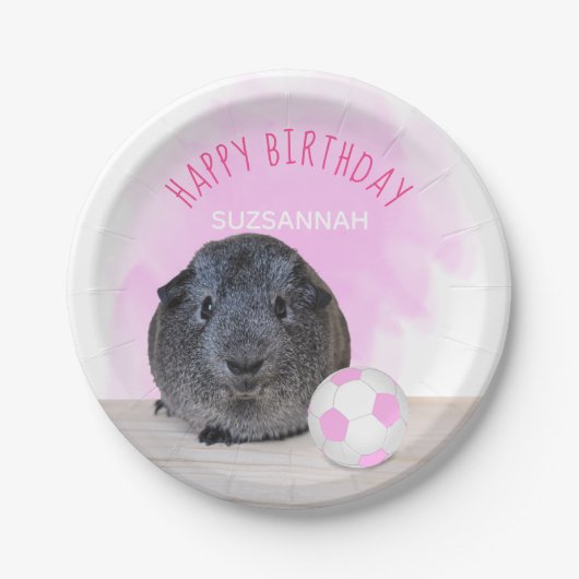 ギニア豚ピンクホワイトサッカーボールカスタム誕生日 ペーパープレート (正面)