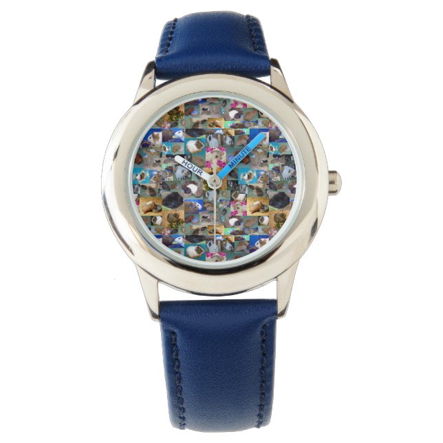 ギニア豚フォトコラージュ、キッズブルーレザーウォッチ 腕時計 (正面)