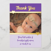 ギフトありがとう新生児パープル金ゴールドフォイルカード 箔招待状 (正面)