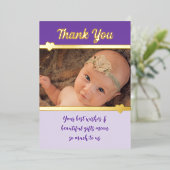 ギフトありがとう新生児パープル金ゴールドフォイルカード 箔招待状 (立ち正面)