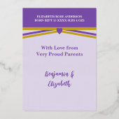 ギフトありがとう新生児パープル金ゴールドフォイルカード 箔招待状 (裏面)