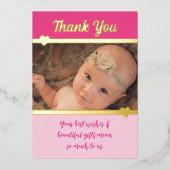 ギフトありがとう新生児ピンク金ゴールドフォイルカード 箔招待状 (正面)