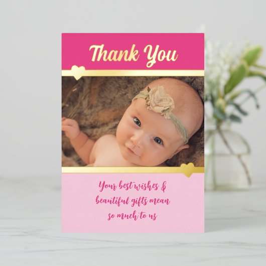 ギフトありがとう新生児ピンク金ゴールドフォイルカード 箔招待状 (立ち正面)