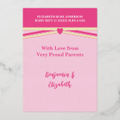 ギフトありがとう新生児ピンク金ゴールドフォイルカード 箔招待状 (裏面)