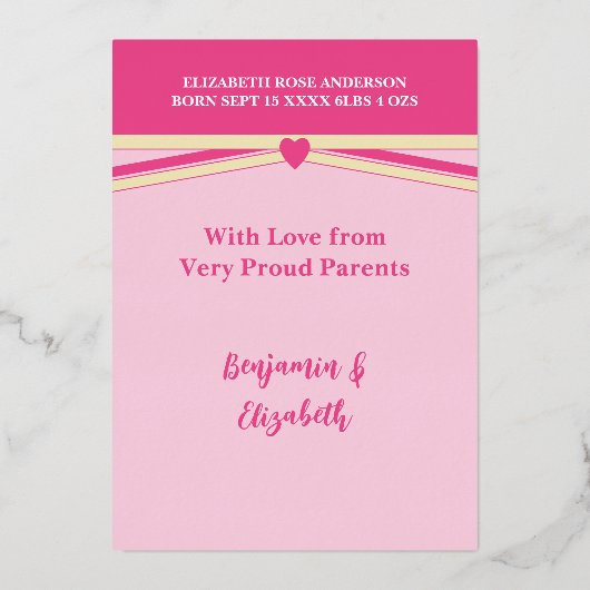 ギフトありがとう新生児ピンク金ゴールドフォイルカード 箔招待状 (裏面)