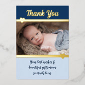 ギフトありがとう新生児ブルー金ゴールドフォイルカード 箔招待状 (正面)