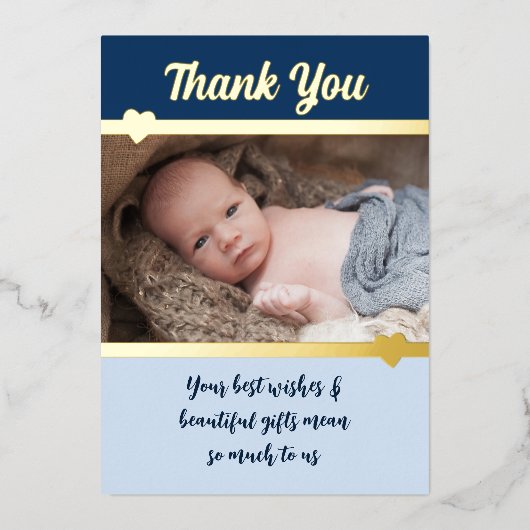 ギフトありがとう新生児ブルー金ゴールドフォイルカード 箔招待状 (正面)