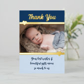 ギフトありがとう新生児ブルー金ゴールドフォイルカード 箔招待状 (立ち正面)