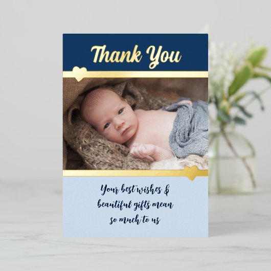 ギフトありがとう新生児ブルー金ゴールドフォイルカード 箔招待状 (立ち正面)