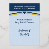 ギフトありがとう新生児ブルー金ゴールドフォイルカード 箔招待状 (裏面)