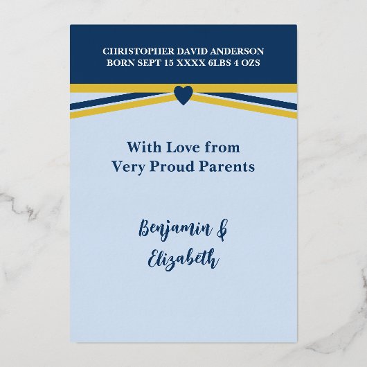 ギフトありがとう新生児ブルー金ゴールドフォイルカード 箔招待状 (裏面)