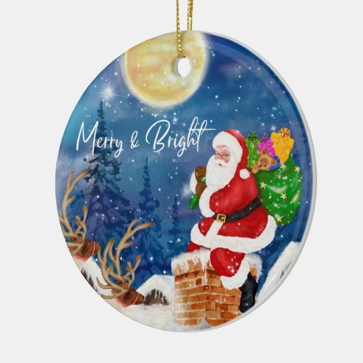 ギフトおもしろいの袋を持つクリスマス・サンタクロース セラミックオーナメント (左)