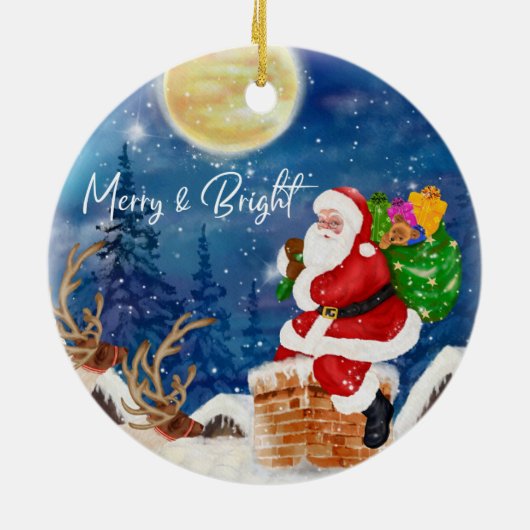 ギフトおもしろいの袋を持つクリスマス・サンタクロース セラミックオーナメント (裏面)