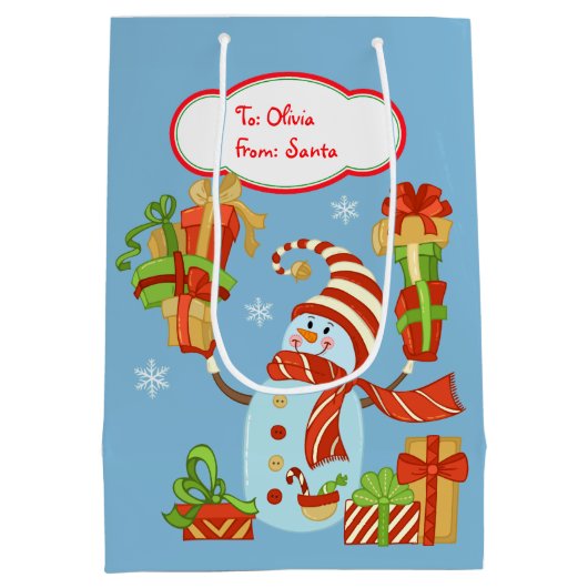 ギフトおもしろいパッケージの雪だるまクリスマス ミディアムペーパーバッグ (裏面)