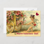 ギフトおよびバラのヴィンテージのバレンタインの天使ワゴン シーズンポストカード (正面/裏面)