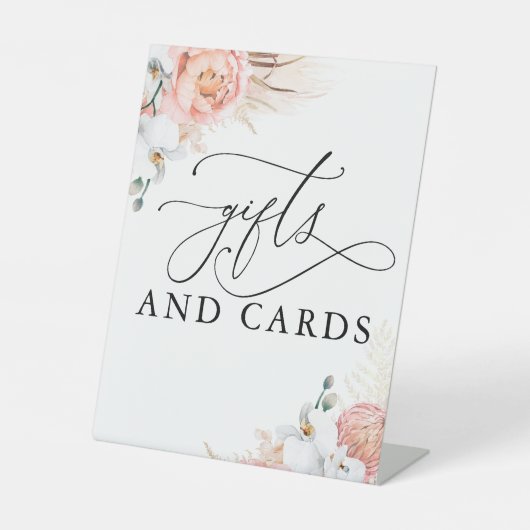 ギフトとカードピンクのフローラパンパスグラスサイン 台座サイン (正面)