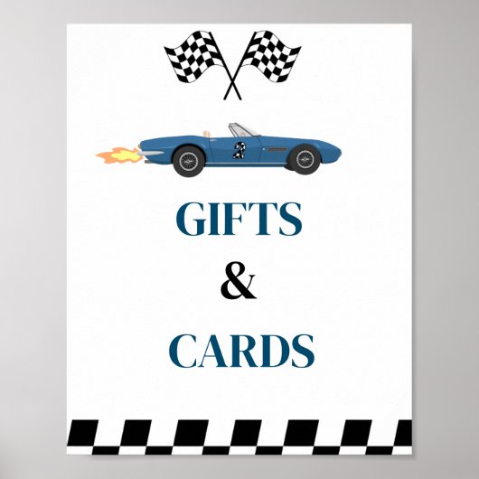 ギフトとカードレースカー誕生日パーティサイン ポスター (正面)