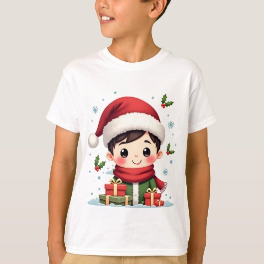ギフトとサンタのあるクリスマスの急性の少年 Tシャツ (正面)