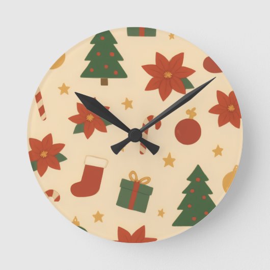 ギフトとツリーの居心地の良いクリスマスパターン ラウンド壁時計 (正面)