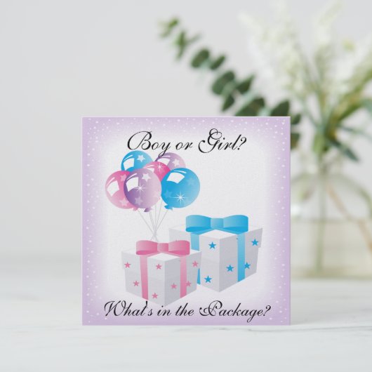 ギフトとバルーンベビー性別パーティー招待を表示 招待状 (スタンド正面)