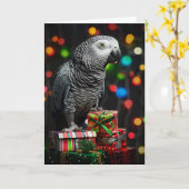 ギフトの上のアフリカグレイ — 祝祭のグリーティングカード カード (黄色い花)