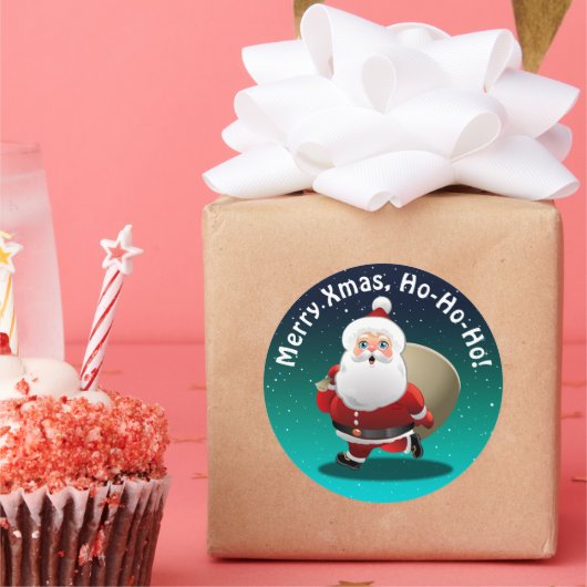 ギフトの完全な袋を持つ幸せなサンタクロース ラウンドシール (パーティー)