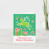 ギフトの緑のクリスマスカードに意気揚々と歩いているトナカイ シーズンカード (正面)
