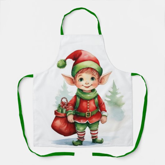 ギフトの袋を持つクリスマス小妖精や小人 エプロン (正面)