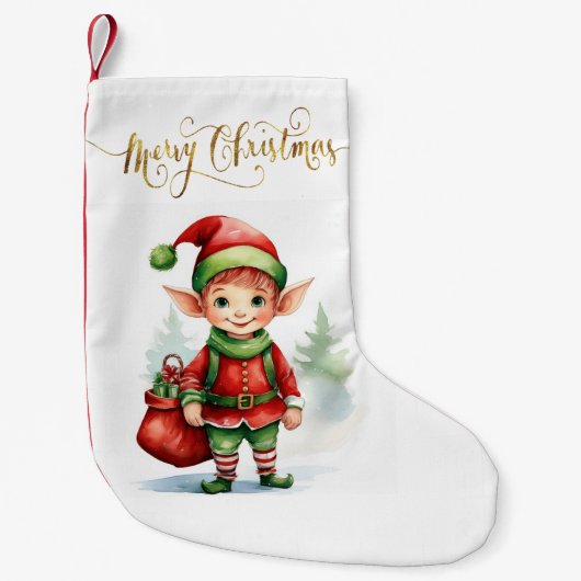 ギフトの袋を持つクリスマス小妖精や小人 スモールクリスマスストッキング (正面)